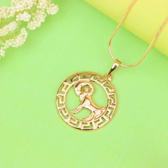 "Zodiac Ram Rose Gold Round Pendant in Geometric Border Design, XPPT1328 - Picture 9 of 13